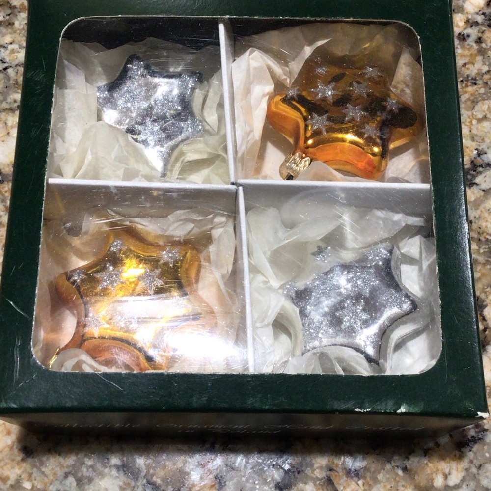 Vintage Poland Star-Shaped Silver and Gold Ornaments